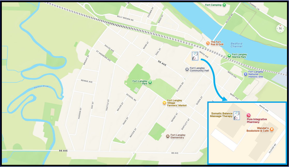 Map showing Somatic Balance Massage Therapy at 101-23242 Mavis Avenue, Fort Langley, behind the Pure Integrative Pharmacy